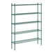 A green wire shelving unit with four shelves.