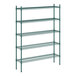 A green wire shelving unit with five shelves.