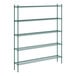 A green Regency wire shelving unit with five shelves.