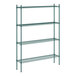 A green metal Regency wire shelving unit with four shelves.