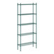 A green metal Regency shelving unit with five shelves.