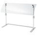 A clear glass table with a metal base and a white rectangular Vollrath acrylic panel.