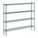 A green wire shelving unit with four shelves.