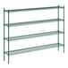 A green metal Regency shelving unit with four shelves.