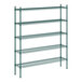 A green metal Regency shelving unit with five shelves.