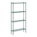 A green metal Regency wire shelving unit with four shelves.