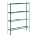 A green wire shelving unit with four shelves.