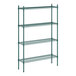 A green metal Regency wire shelving unit with four shelves.