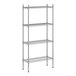 A white wireframe metal shelving unit with four shelves.