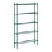 A green metal Regency wire shelving unit with four shelves.