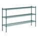 A green metal Regency shelving unit with three shelves.