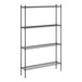 A black metal wire shelving unit with four shelves.