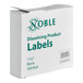 A box of Noble 1" x 2" blank dissolving product labels with a dispenser carton containing 500 labels per roll.