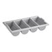 A gray plastic flatware bin with four compartments.