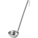 A silver ladle with a long handle.