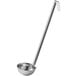 A silver stainless steel ladle with a long handle.