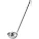 A silver stainless steel ladle with a long handle.