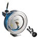 A stainless steel hose reel with a 50-foot blue hose and a separate spray valve attachment.