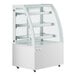 An Avantco white 3-shelf curved glass dry bakery display case on wheels.