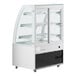 A white Avantco dry bakery display case with curved glass doors and shelves.