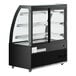 An Avantco black dry bakery display case with curved glass doors and three shelves.