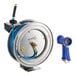 A stainless steel hose reel with a 50-foot blue hose and a heavy-duty front trigger water gun.