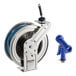 A stainless steel hose reel with a 50-foot blue hose and a separate heavy-duty blue front trigger water gun.