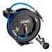A powder-coated steel hose reel with a 30-foot blue hose and a spray valve attachment.