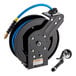 A powder-coated steel hose reel with a 30-foot blue hose and a spray valve.