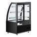 An Avantco black glass bakery display case with curved glass doors and 3 shelves.