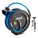 A Regency powder-coated steel hose reel with a black and blue hose.