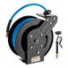 A black and blue Regency hose reel with a blue hose on it.