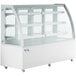 An Avantco white refrigerated bakery display case with curved glass doors and shelves.