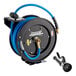 A powder-coated steel hose reel with a 50-foot blue hose and a spray water gun attachment.