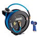 A powder-coated steel hose reel with a 50-foot blue hose and a heavy-duty front trigger water gun.