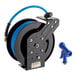 A powder-coated steel hose reel with a 50-foot blue hose and a heavy-duty front trigger water gun.