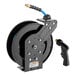 A black powder-coated steel hose reel with a 15-foot hose and a separate spray water gun attachment.