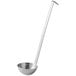 A stainless steel ladle with a long handle and silver bowl.