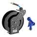 A powder-coated steel hose reel with a 15-foot hose and a heavy-duty front trigger water gun.
