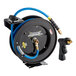 A powder-coated steel hose reel with a 30-foot blue hose and a spray water gun attachment.