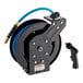 A powder-coated steel hose reel with a 30-foot blue hose and a black spray water gun.