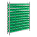 A metal wire shelving unit with green bins on each shelf.