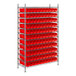 A Regency metal wire shelving rack with red bins.