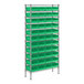 A Regency metal wire shelving unit with green bins.