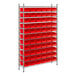 A metal rack with red bins on each shelf.