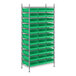 A metal Regency wire shelving unit with green bins on it.