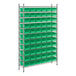 A metal Regency wire shelving unit with green bins on each shelf.