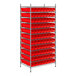 A Regency metal wire shelving unit with red bins on it.