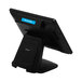 A black Custom PATH15 POS computer with a blue screen on a counter.