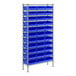 A Regency metal wire shelving unit with blue plastic bins.